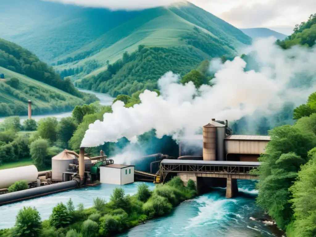 Vieja fábrica de papel con río azul, árboles verdes y montañas