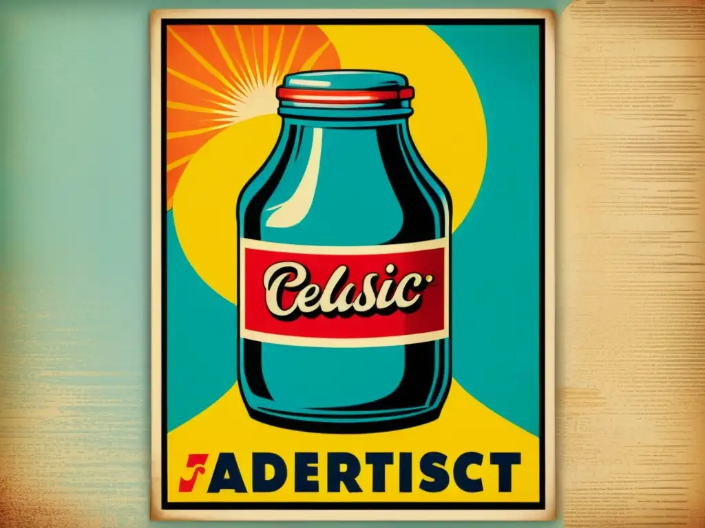 Vintage cartel publicitario con colores vibrantes y tipografía intrincada sobre papel envejecido