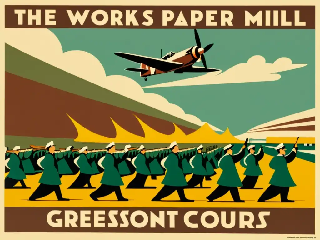 Vintage cartel de trabajadores en fábrica de papel, maquinaria y aviones de guerra, reflejando la importancia del papel en economía de guerra