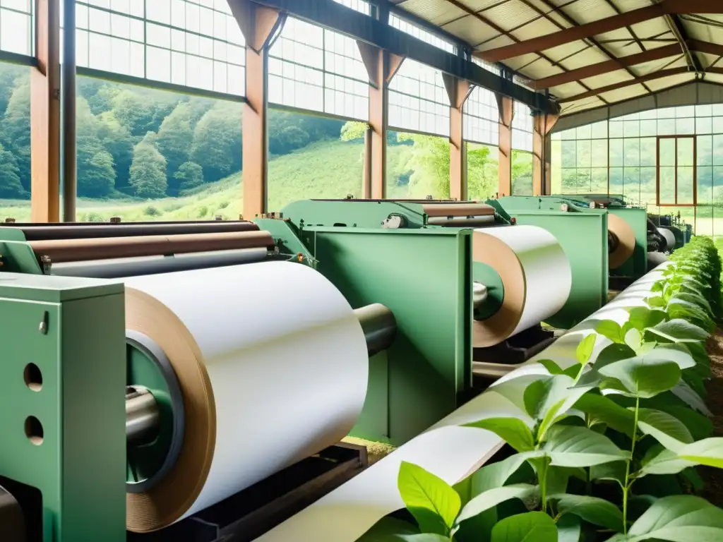 Vintage papel biodegradable producido por marcas líderes en armonía con la naturaleza en una fábrica de papel rodeada de bosques verdes y un río claro