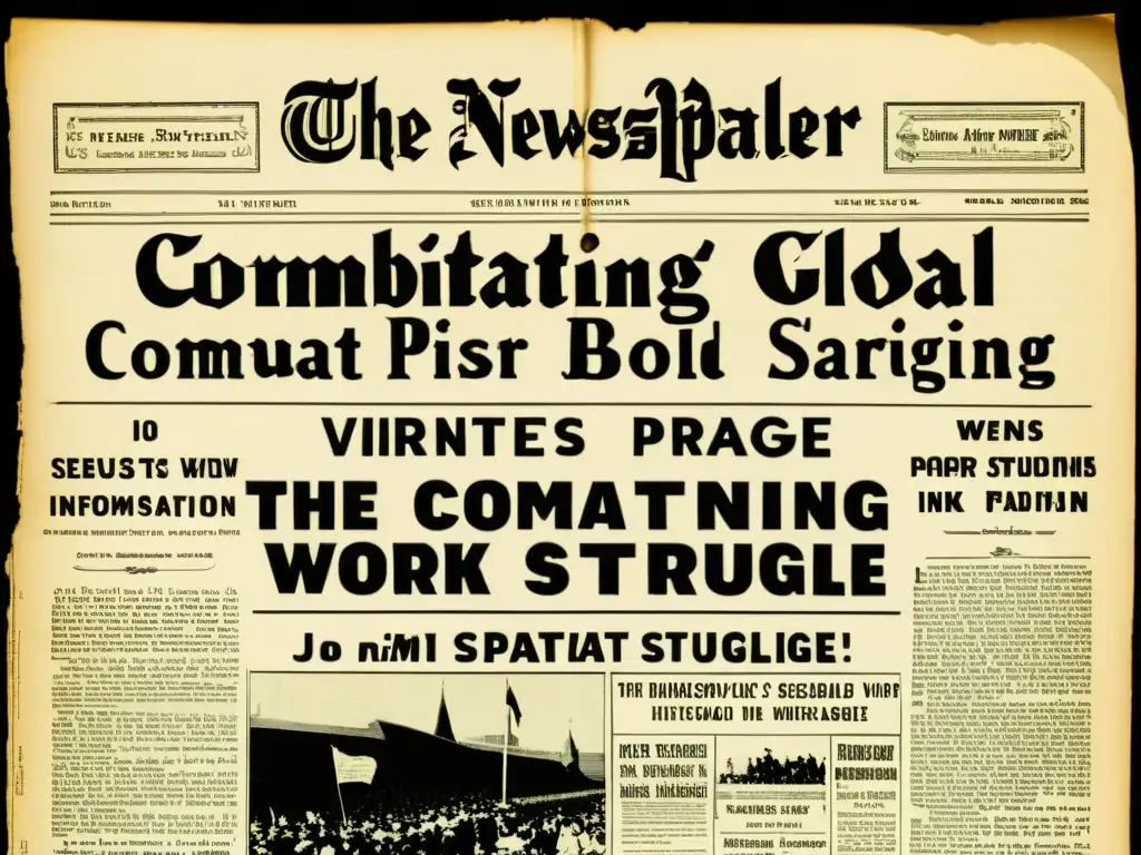 Vintage portada de periódico sobre desafíos en la lucha contra la desinformación global, con detalles envejecidos y sensación histórica