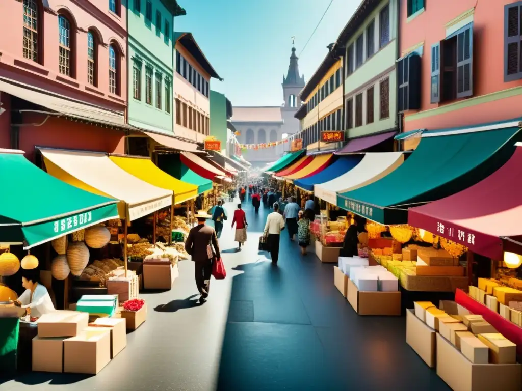 Vista de mercado bullicioso con variados vendedores de papel personalizado, reflejando el impacto cultural del papel en la vida cotidiana