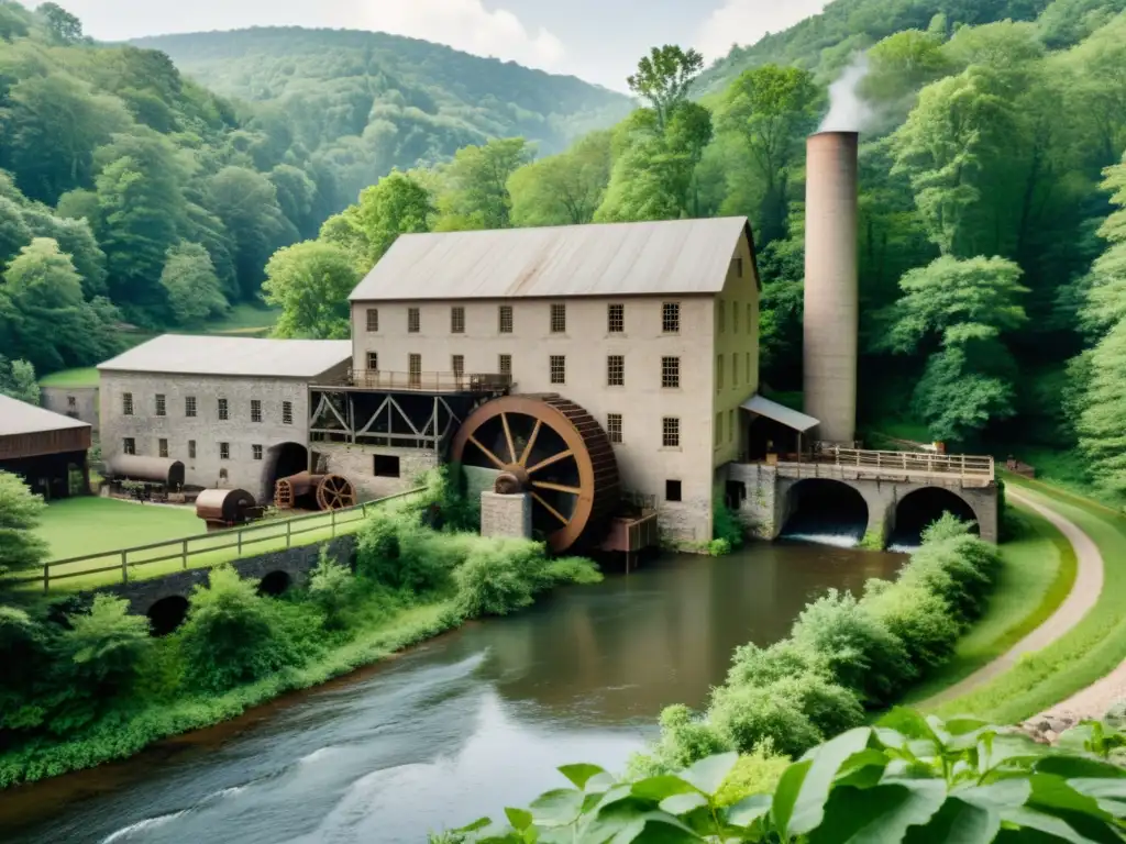 Una vista vintage de un molino de papel histórico en un paisaje exuberante, rodeado de árboles altos y un río sinuoso